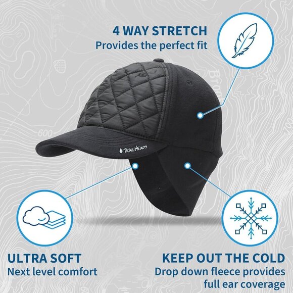 〽️Women’s Quilted/Black Winter Ponytail Trucker Hat with Drop-Down Ear Warmers main image 5